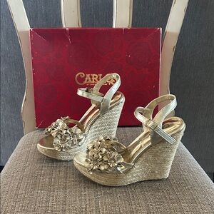 Carlos Santana Gold Floral Wedge Sandals